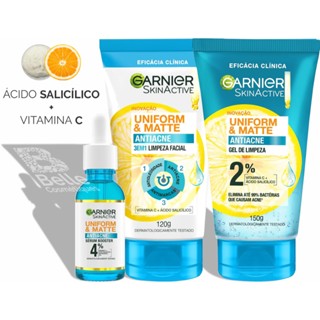 Sérum Booster 15ml Sabonete Facial 120g Gel de Limpeza 150g Antiacne Uniform&Matte - Garnier