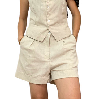 Short Feminino Linho Meia Coxa Cintura Alta Fresquinho Básico Moda Verão Tendência
