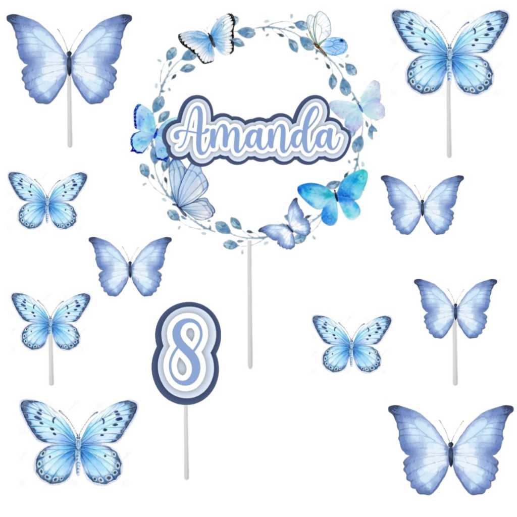 Topo Topper Decoração de Bolo Enfeite Borboleta Azul Aquarela em Oferta na Shopee