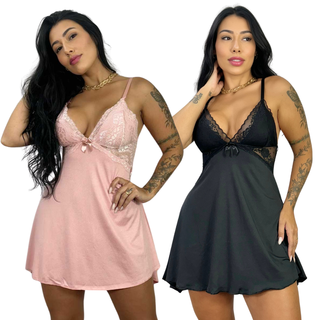 Kit 2 Camisola com Calcinha sem Bojo Renda Feminina Renda Linha Noite Lingerie Alça Regulável