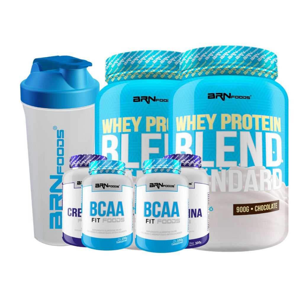 Kit 2x Whey Protein Blend Standard 900g + 2x Creatina 100g + 2x BCAA 100g + Coqueteleira 600ml - BRN FOODS Suplementos para Definição e Performance