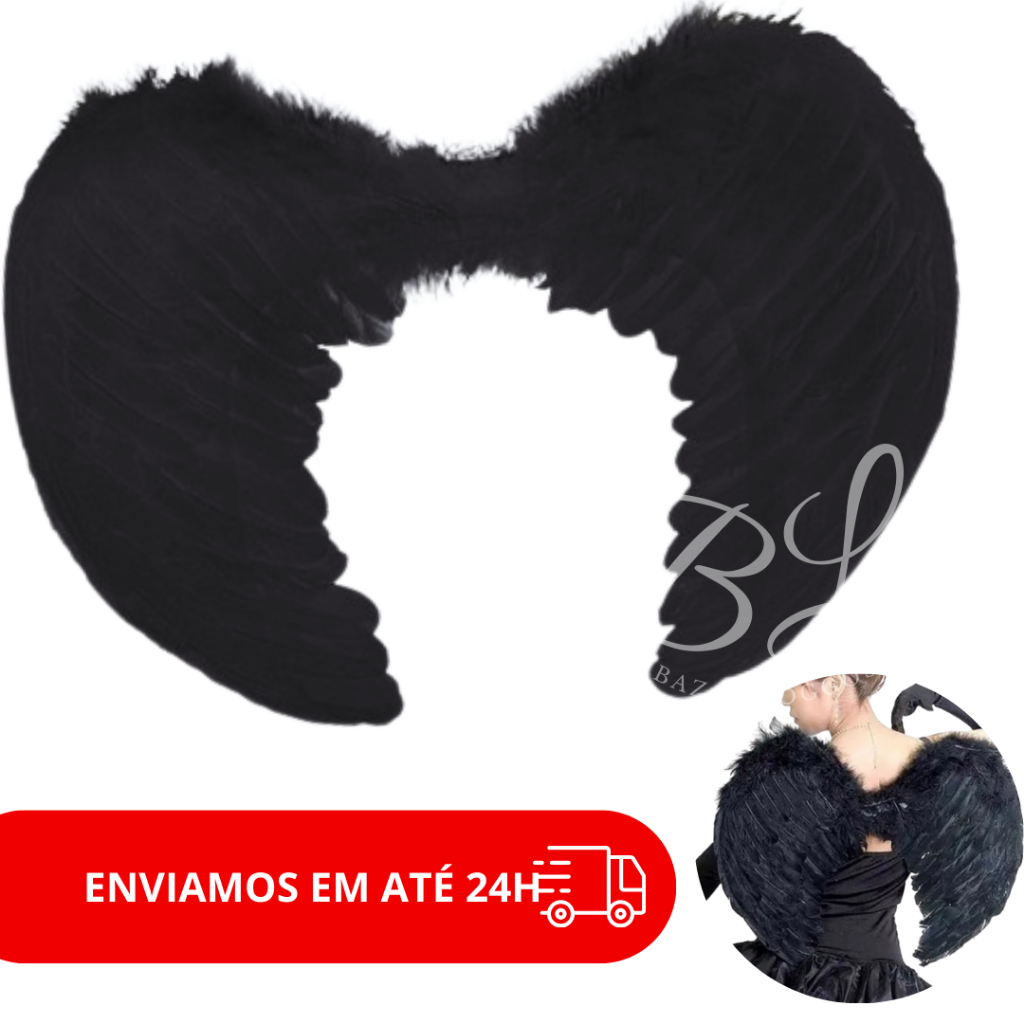Asa Anjo Preta Fantasia Carnaval Festa Cosplay Halloween 55x35 cm