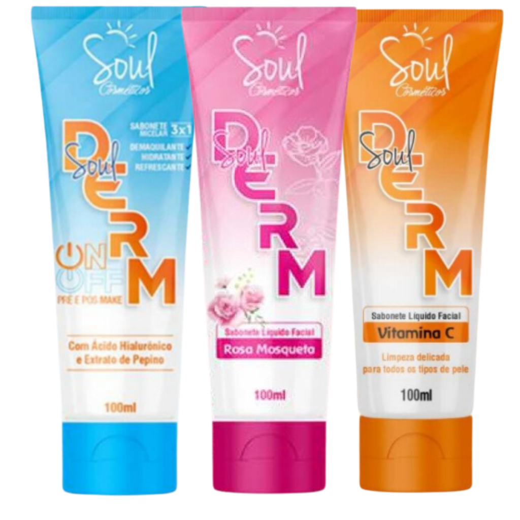 3 Sabonete Liquido Facial Vitamina C Demaquilante Micelar e Rosa Mosqueta Soul Derm