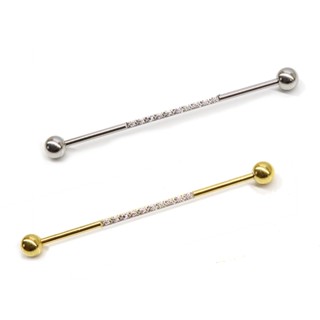 Piercing Transversal Megabell Industrial 1,2mm para Orelha em Aço Cirúrgico com Zircônias Prata ou Dourado - 1 peça