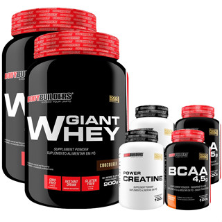 Kit 2x Whey Protein Giant Whey 900g + 2x Power Creatina 100g + 2x BCAA 4,5 100g Suplementos em Pó para Turbinar o Treino de Musculação na Academia Bodybuilders