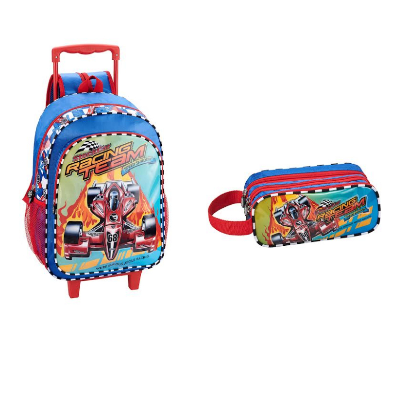 Kit Mochila Rodinha Mochilete Carro De Corrida Stock Car + Estojo