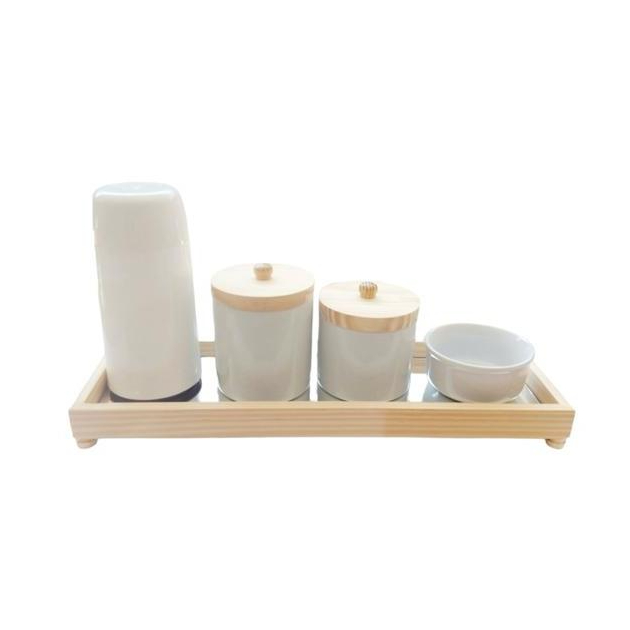 Kit higiene bebe porcelana bandeja para quatro peças pinus espelhada com pé apoio decoraçã...