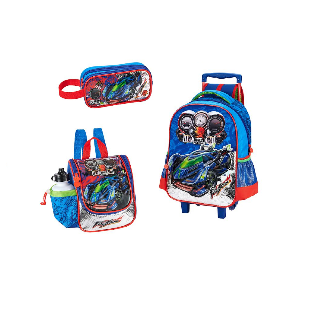 Kit Mochila Rodinha Mochilete Carro Corrida Lancheira + Estojo Menino