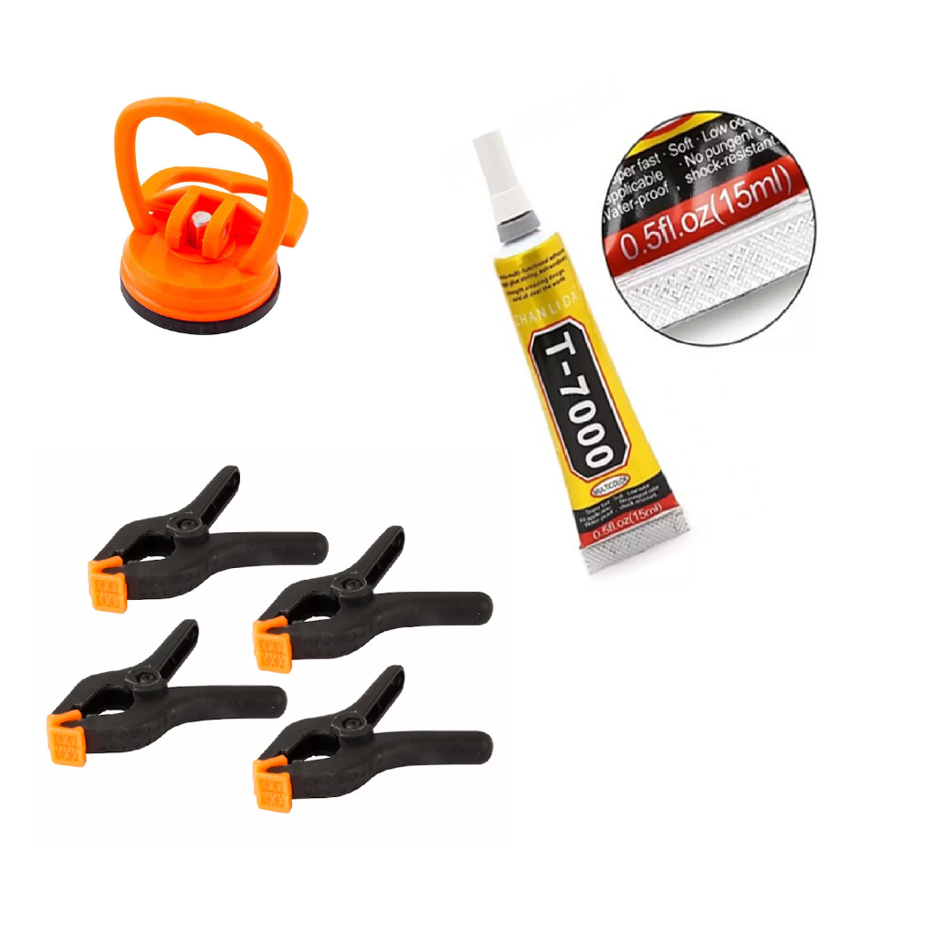Kit reparo celular com Cola Preta T7000 15ml + 4 Grampo Fixação + Ventosa de Sucção