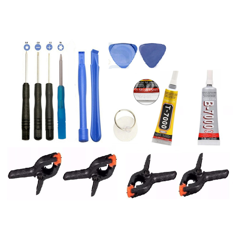KIT TROCA DE TELA COM CHAVES + 4 GRAMPOS + COLA B7000 + COLA T7000 IDEAL PARA REPAROS EM CELULARES EM GERAL
