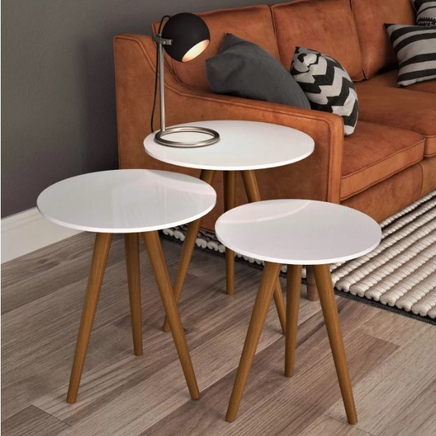 Kit Trio Jogo de Mesinhas Lateral Redondas Sala  quarto escritorio cozinha lavanderia Pé Palito Retro