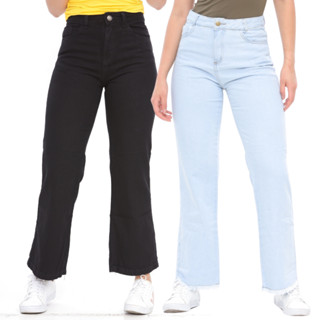 Kit 2 Calças Wide Leg Pantalona Jeans Cintura Alta Moda Feminina 100% Algodão