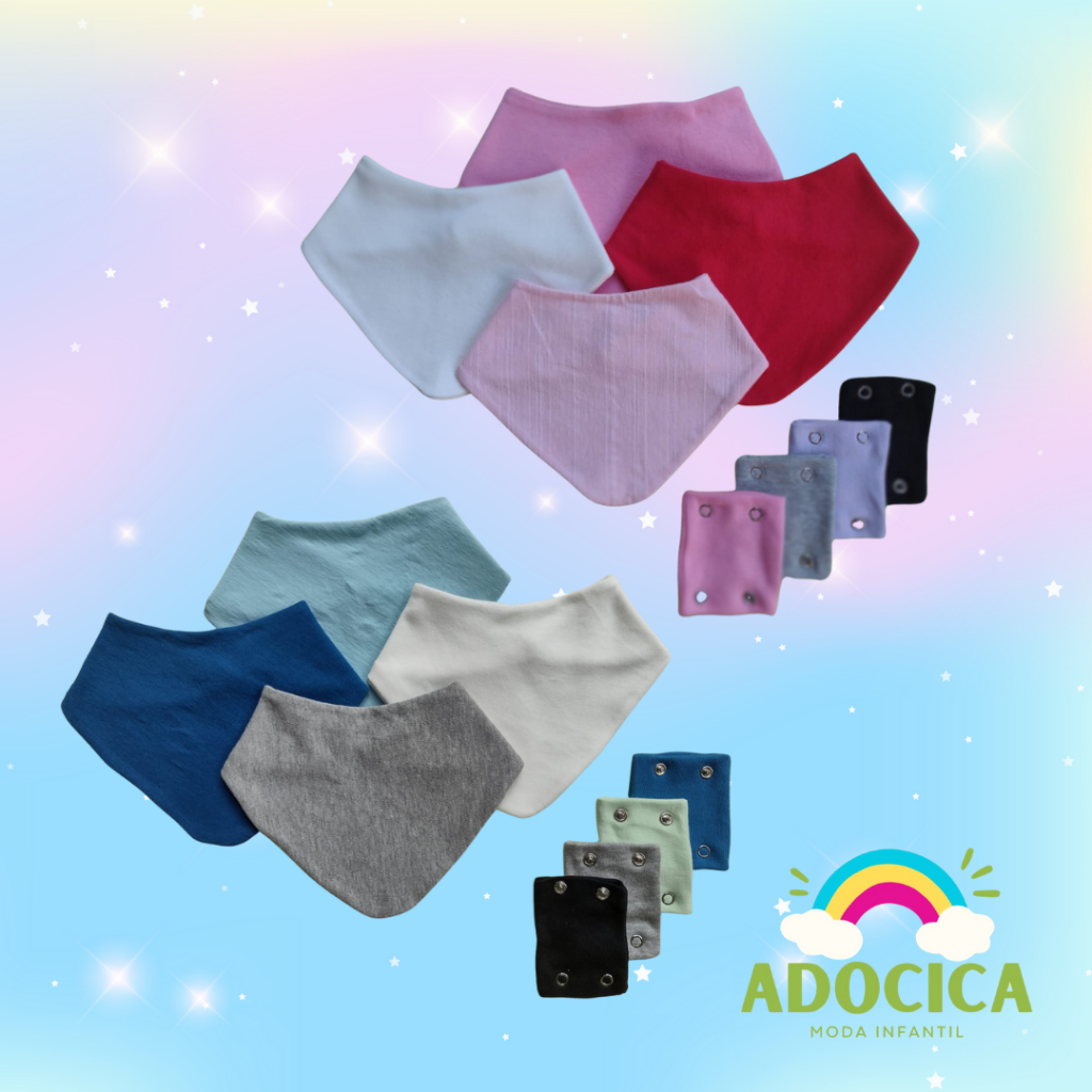 Kit 4 babadores bandana  + 4 extensores de body bebê cores variadas