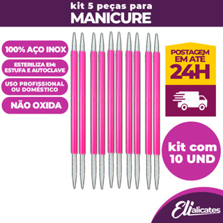 Kit 10 Palito Ponta Dupla 105 ROSA Cutelaria Aço Inox Instrumentos Podologia Manicure Pedicure Profissional shop