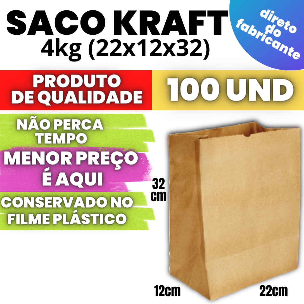 Saco Kraft Embalagem SOS de Papel Para Delivery 4KG Com 100 Und em Oferta na Shopee