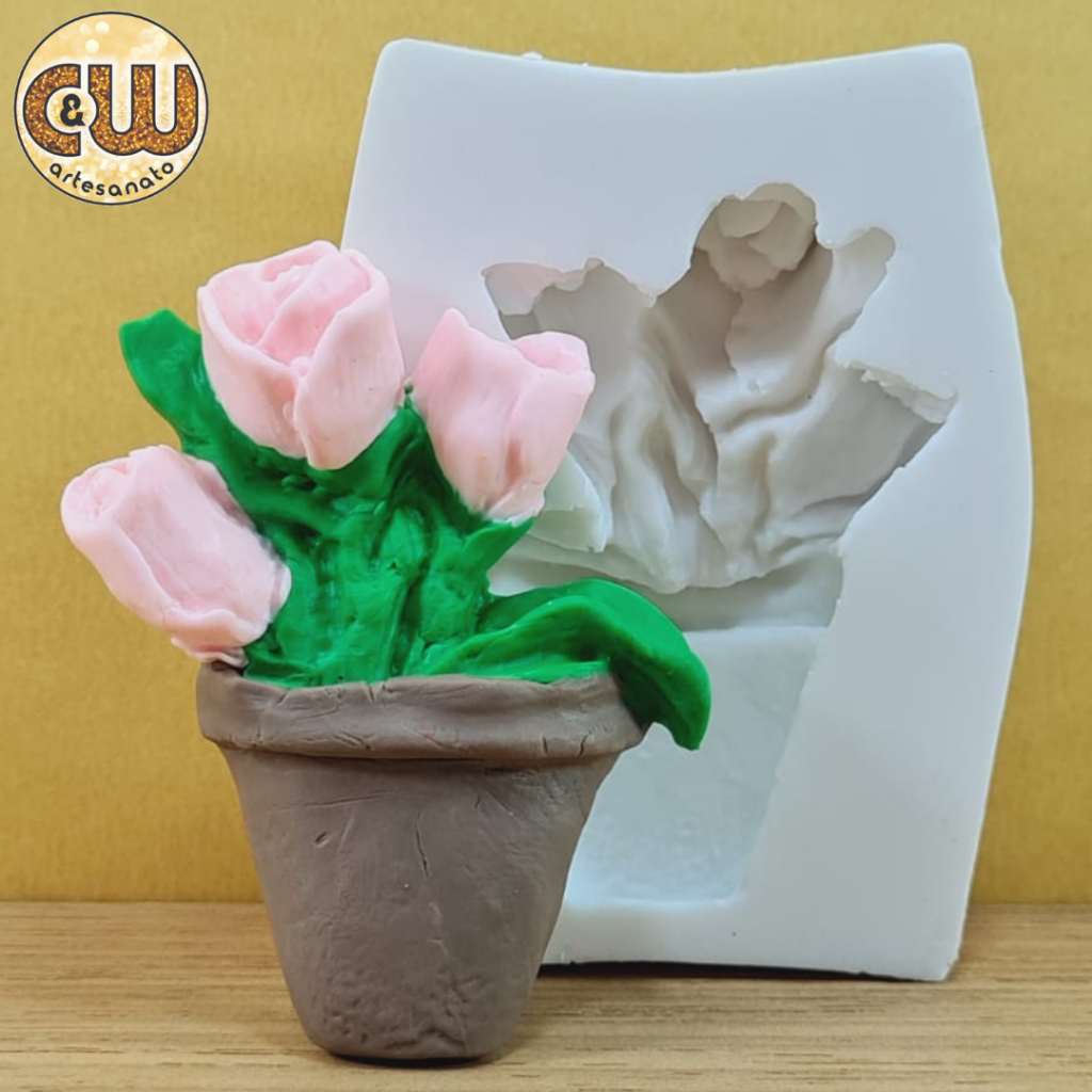 Molde Silicone Vaso c/ Flor / Rosa - Decoração, Confeitaria e Artesanato – Biscuit - Festa
