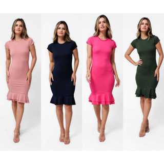 Vestido Midi Manga Curta Babado