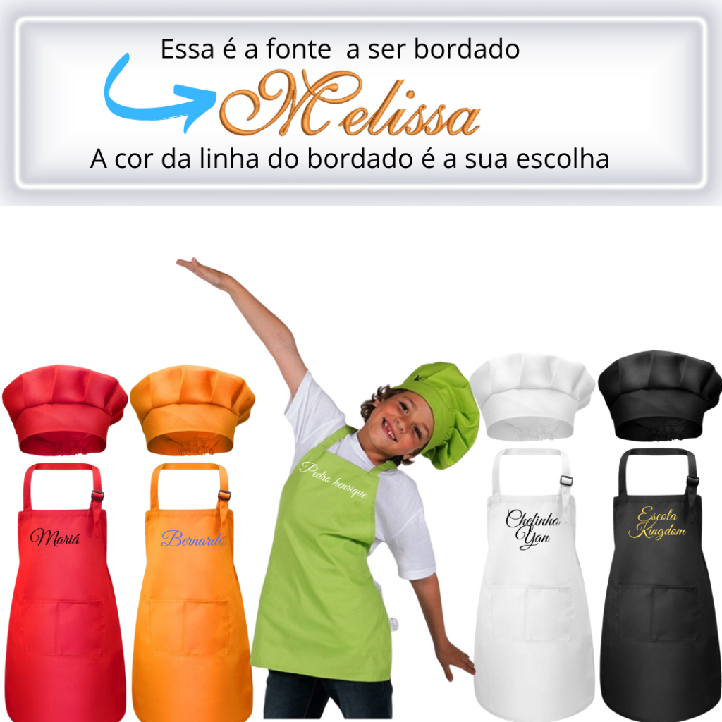 Kit avental BORDADO com nome e chapéu infantil 3 a 6 anos ,cozinha,oficina,gourmet,volta as aulas,mini chef,jaleco,farda