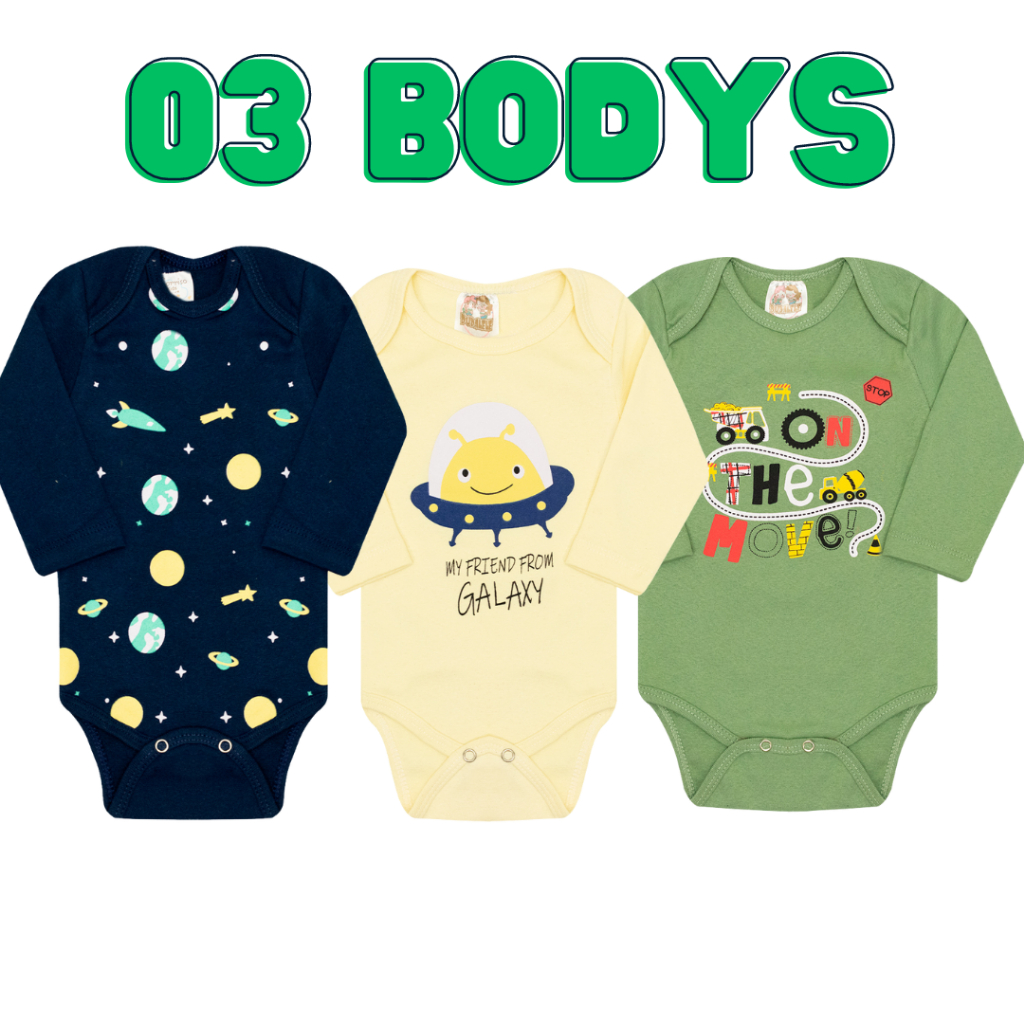 3 body bebê manga longa com estampas Menino e Menina