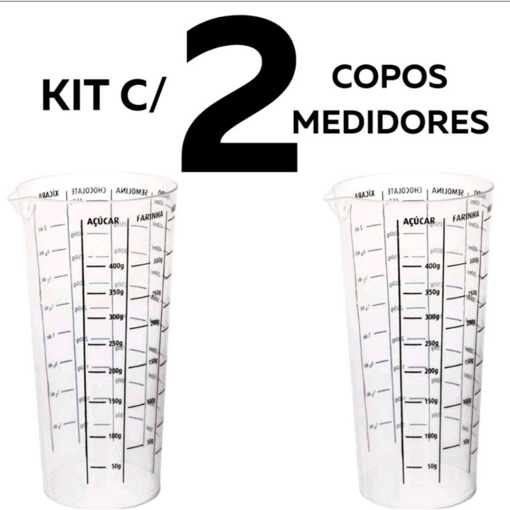KIT COM 2 COPO MEDIDOR TRANSPARENTE COM DETALHES DE COR VARIADOS