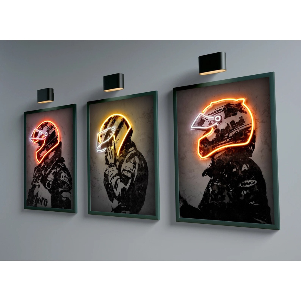 Quadro Decorativo 3 peças 40x60 Moderno Abstrato Neon Moto Capacete Fórmula 1 F1 Decoração Para Casa Sala Quarto Hall interiores corredores