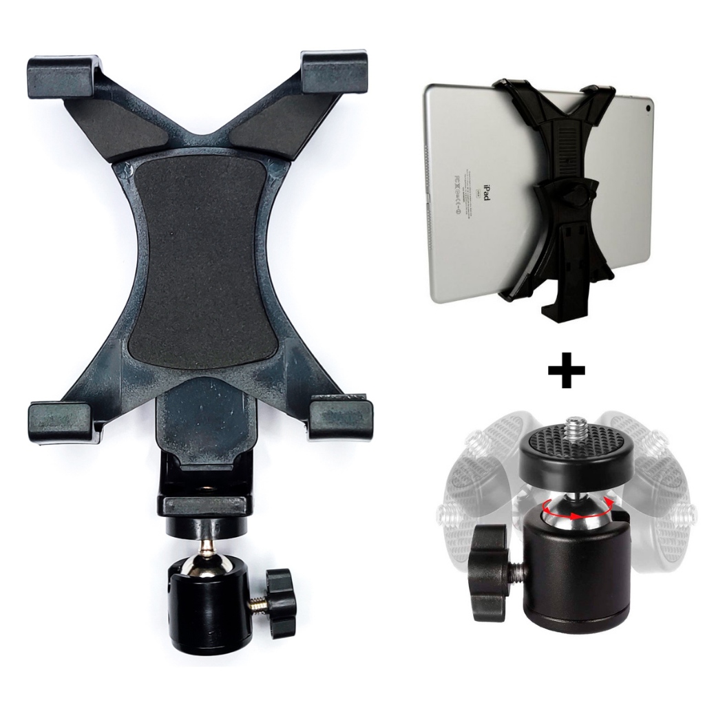 Kit Suporte Tablet iPad Kindle para Tripé + Cabeça articulada para Tripé  Ball Head 360 Rosca 1/4 em Oferta na Shopee