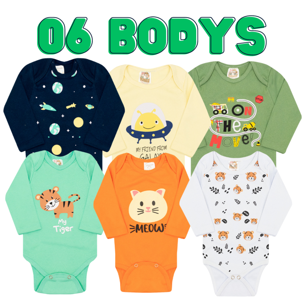 6 body bebê manga longa e curta com estampas Menino E Menina