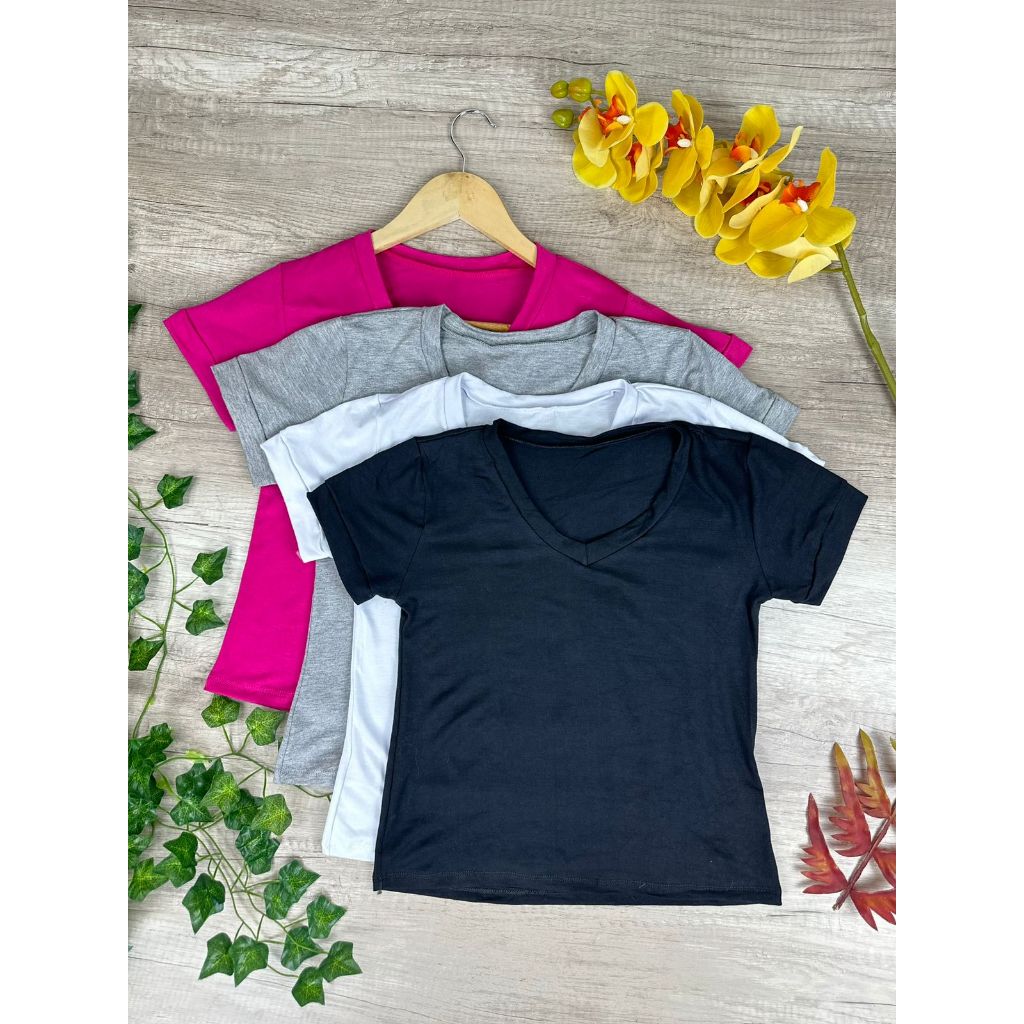KIT 4 Camiseta feminina baby look gola V Blusa Fresquinha Visco lycra em Oferta na Shopee