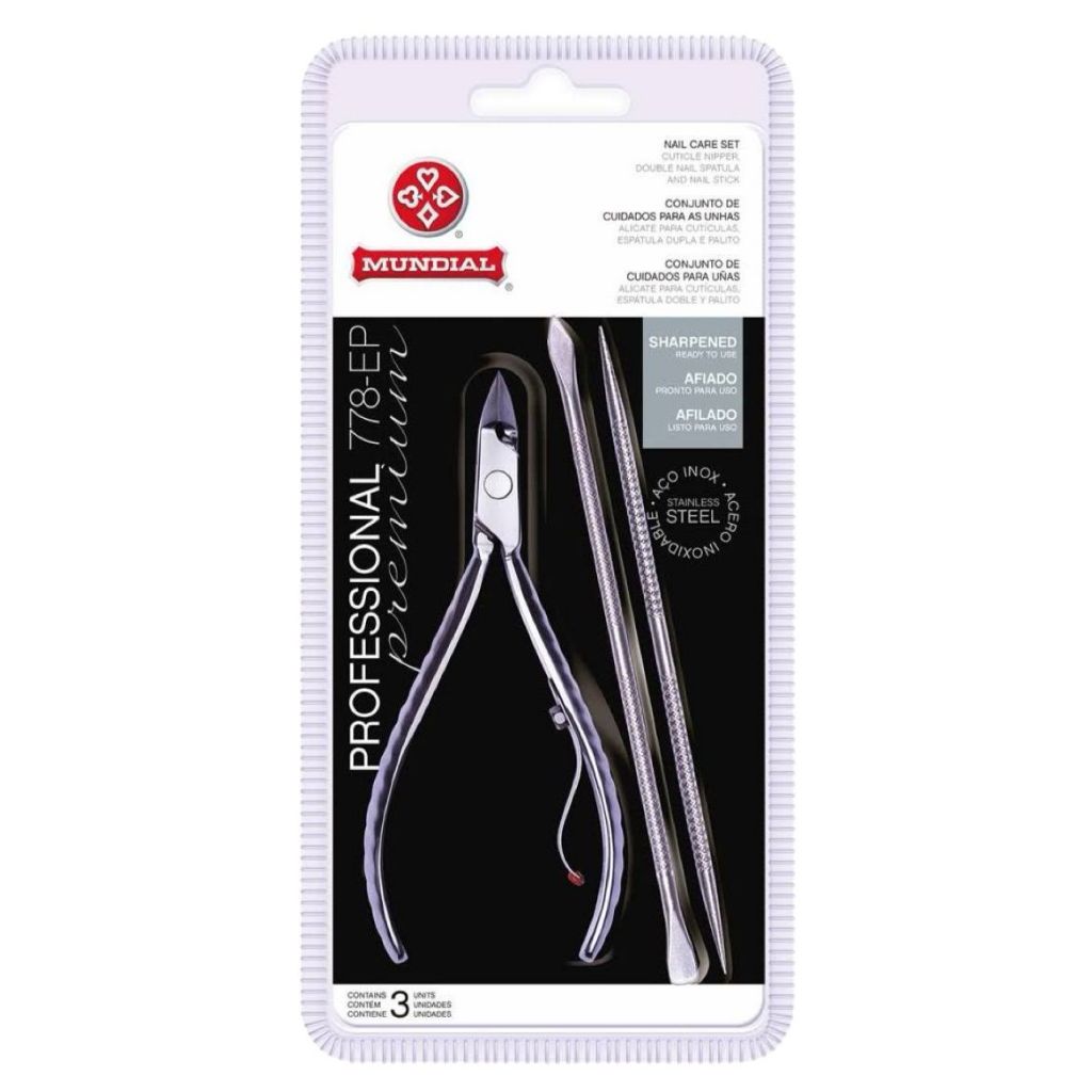 Embalagem blister contendo kit de manicure Mundial 778-EP com alicate, espátula e palito em aço inox