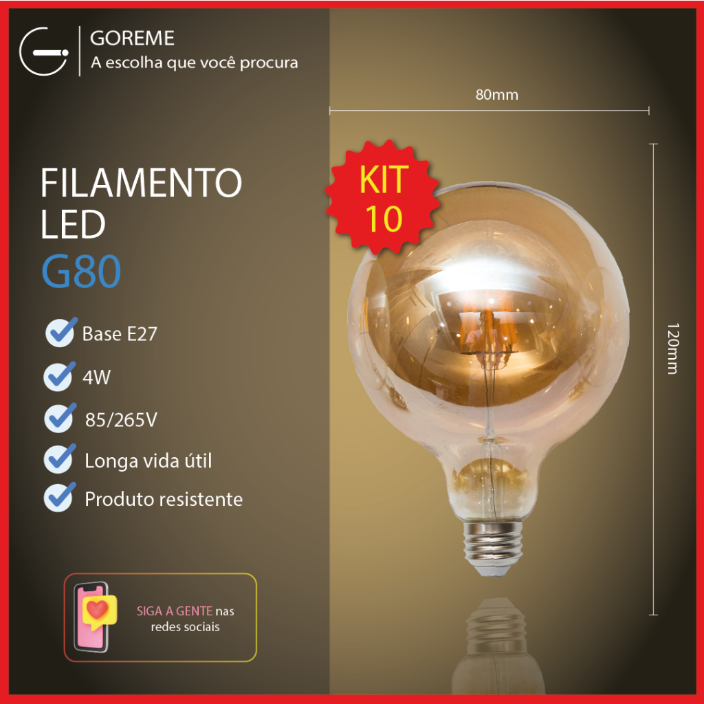 Kit 10 Lâmpada Filamento LED G80 4W E27 LUZ QUENTE (AMARELO) Âmbar Retrô Vintage 110V~220V | Bivolt em Oferta na Shopee