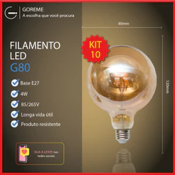Kit 10 Lâmpada Filamento LED G80 4W E27 LUZ QUENTE (AMARELO) Âmbar Retrô Vintage 110V~220V | Bivolt