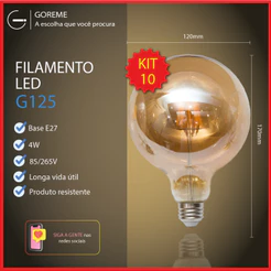 Kit 10 Lâmpada Filamento LED G125 4W E27 LUZ QUENTE (AMARELO) Âmbar Retrô Vintage 110V~220V | Bivolt