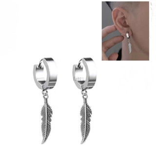 Par de Brinco Argola com pingente pena Aço inox