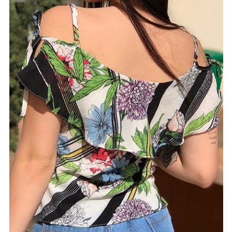 QUEIMA DE ESTOQUE Blusa casual feminina no crepe com babados e amarrações laterais + alcinhas reguláveis