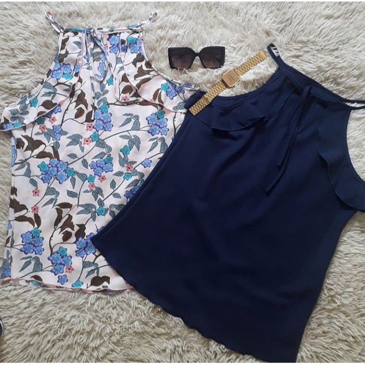 QUEIMA DE ESTOQUE Blusa  casual feminina com babados laterais + amarração frontal + alcinhas reguláveis Shopee