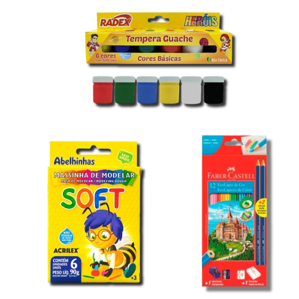 Kit de pintura volta as aulas/Massinha/Tinta guache/Conjunto Lápis de cor