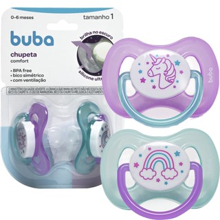 Chupeta Buba Kit 2 Unidades Unicórnio Noturna -Tamanho 1 (+0 a 6 Meses) Comfort Utra Soft Infantil - BRILA NO ESCURO