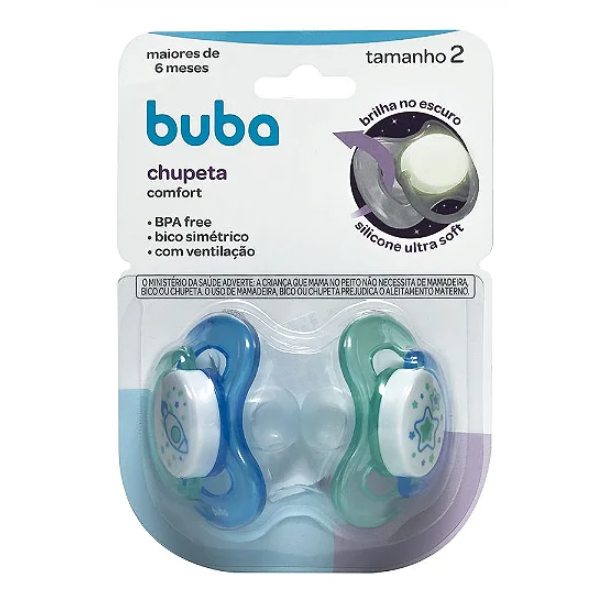 Kit 2 Unidades Chupeta Buba Kit Foguete Noturna Tamanho 2 (+6 meses) Comfort Ultra Soft Infantil - Brilha no Escuro