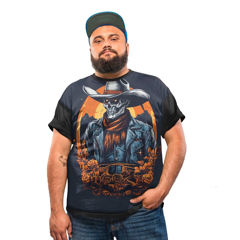 Camiseta Plus Size Caveira Faroeste Country Cowboy Skull