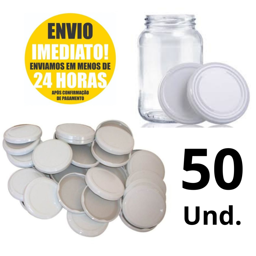 50 Un. Tampas Metálicas Para Potes Conserva 74mm Padrão Branco P/ Potes de Vidro em Oferta na Shopee
