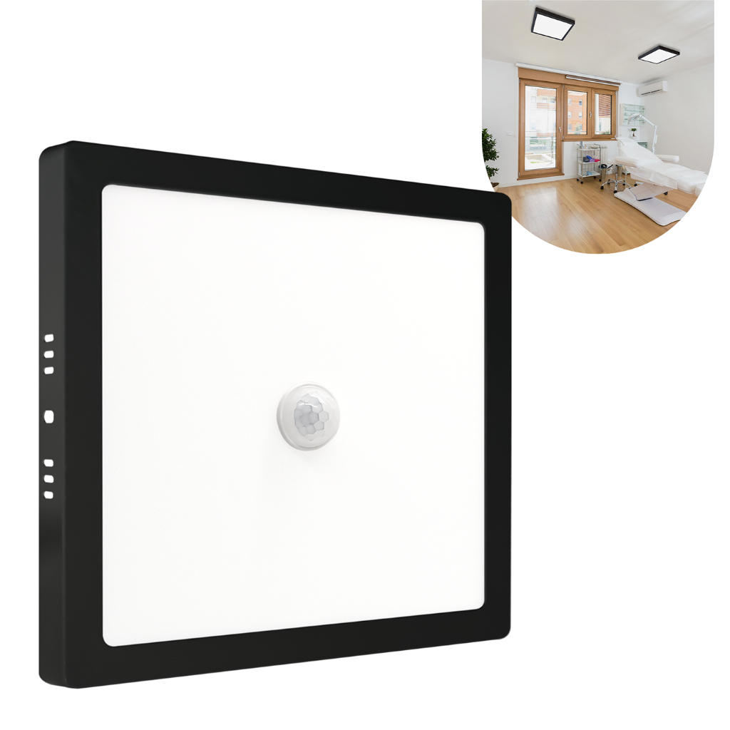 Painel Preto Plafon C/ Sensor 25w Sobrepor Quadrado Luz Frio