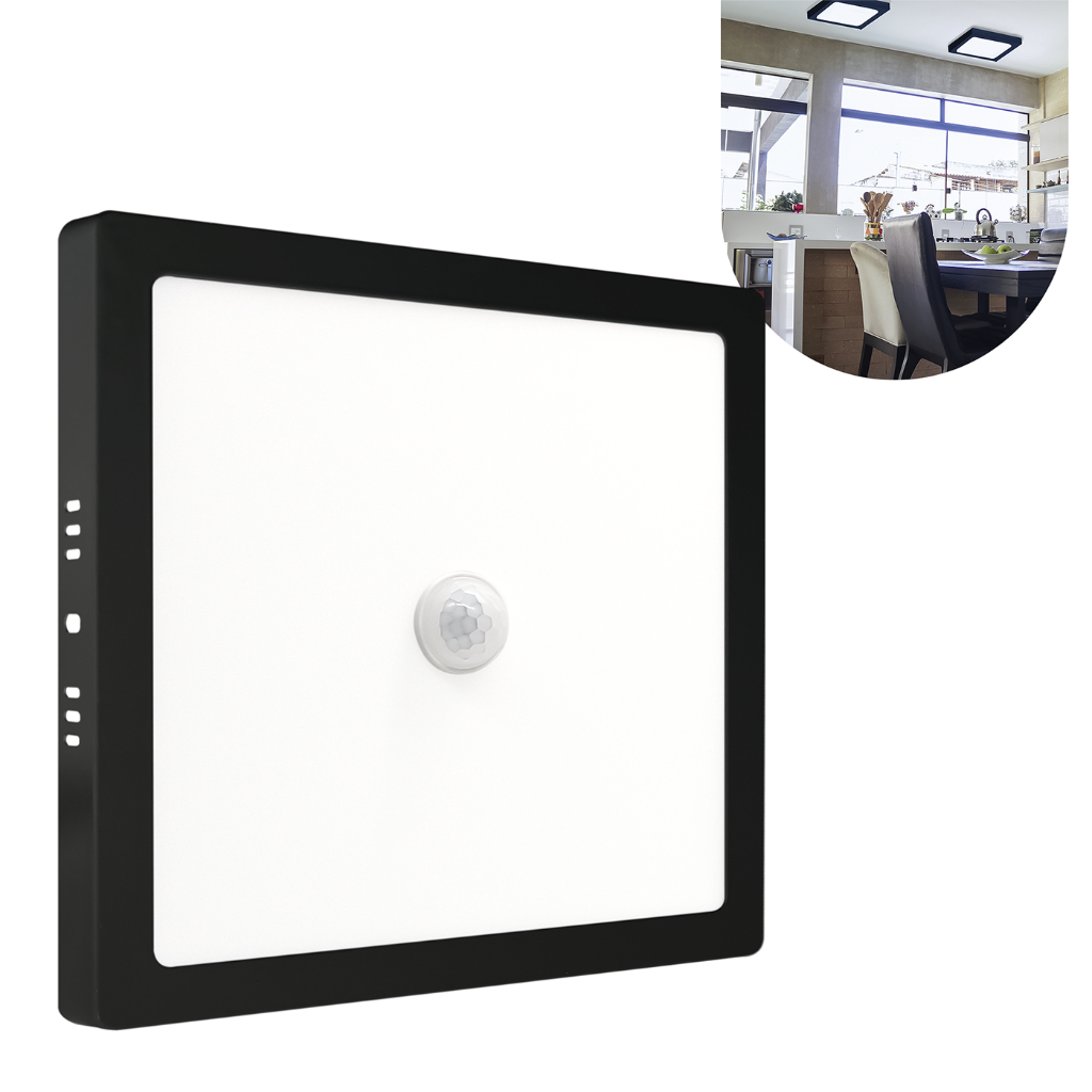 Painel Plafon C/ Sensor 18w Sobrepor Preto Quadrado Branco Frio em Oferta na Shopee