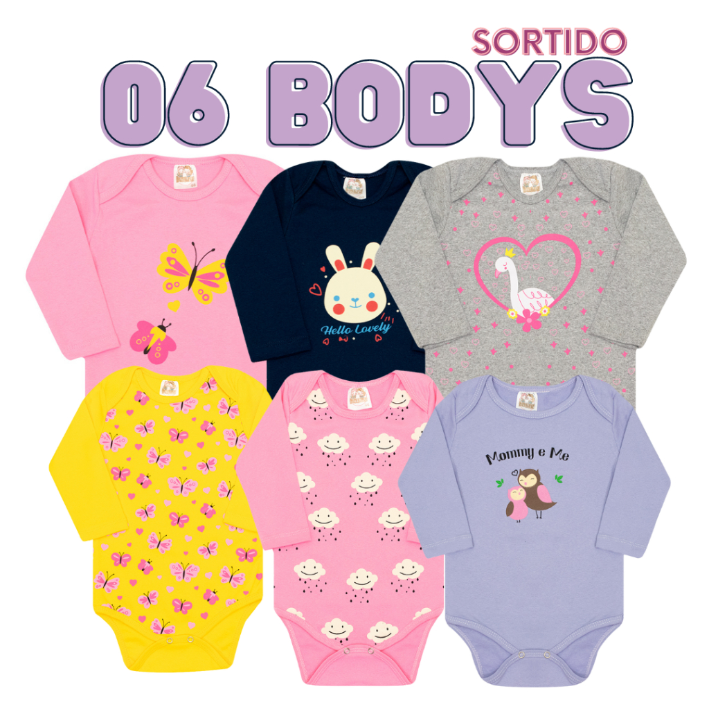 6 body bebê manga longa com estampas menina e menino avulso em Oferta na Shopee