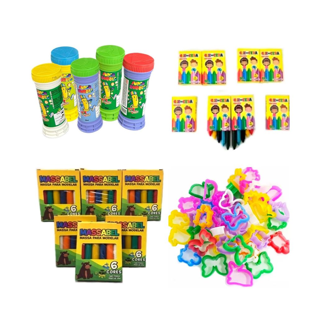 Kit 10 Bolha de sabão+10 Mini Giz de Cera+10 Massinha +20 Cortadores Festa e Lembrancinha em Oferta na Shopee