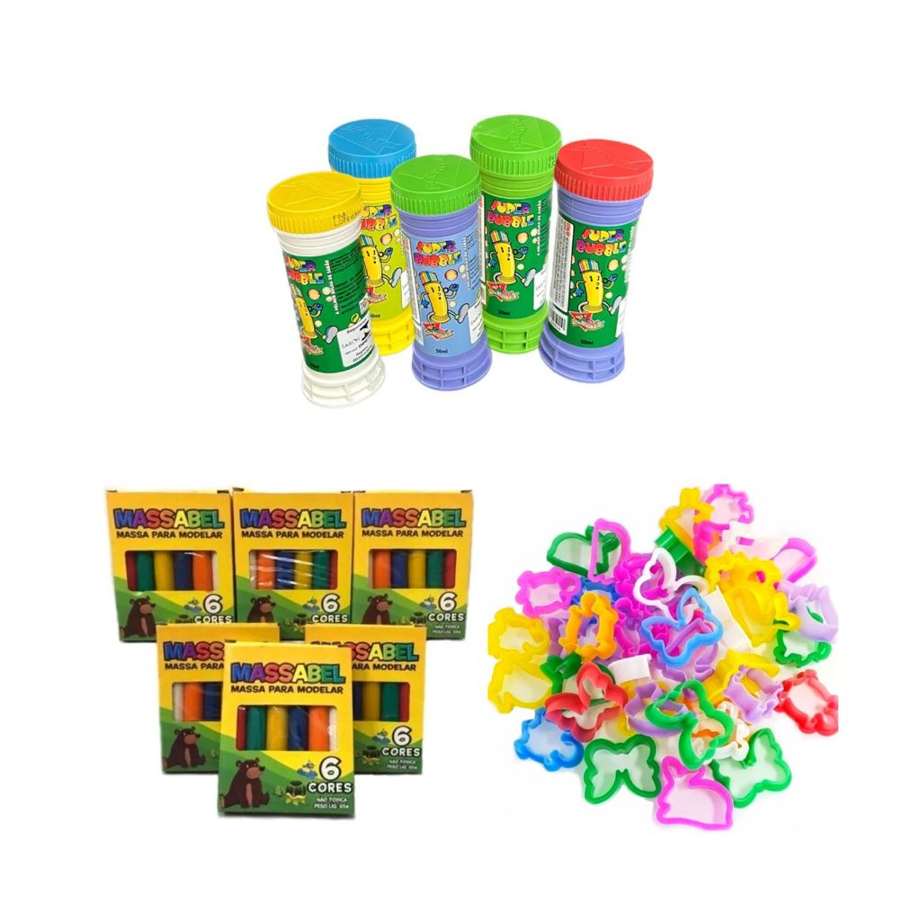 Kit 5 Bolhas de Sabão + 5 Cxs de Massinhas e 10 Cortadores Festa e Lembrancinha