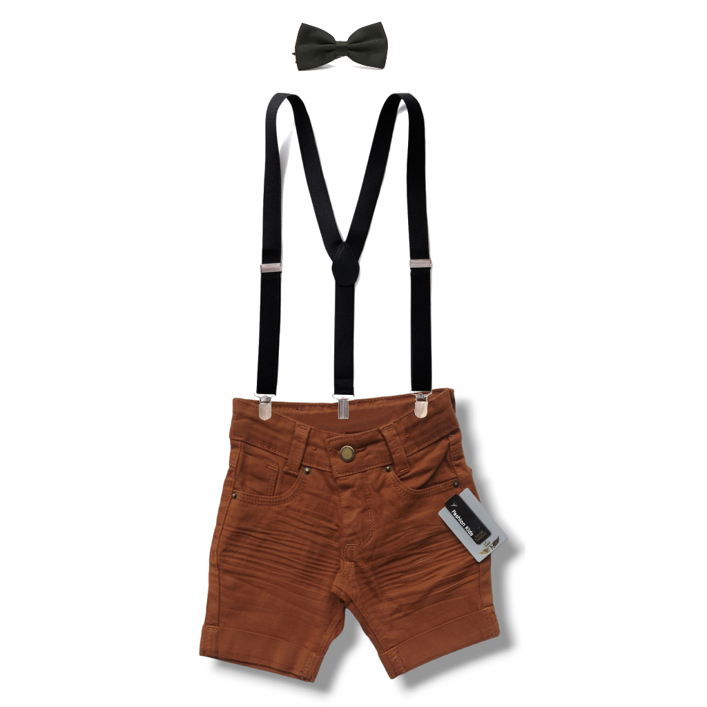 Roupa Infantil Bermuda Short Jeans Colorido Marrom Caramelo Preto com Suspensório Bebê Menino