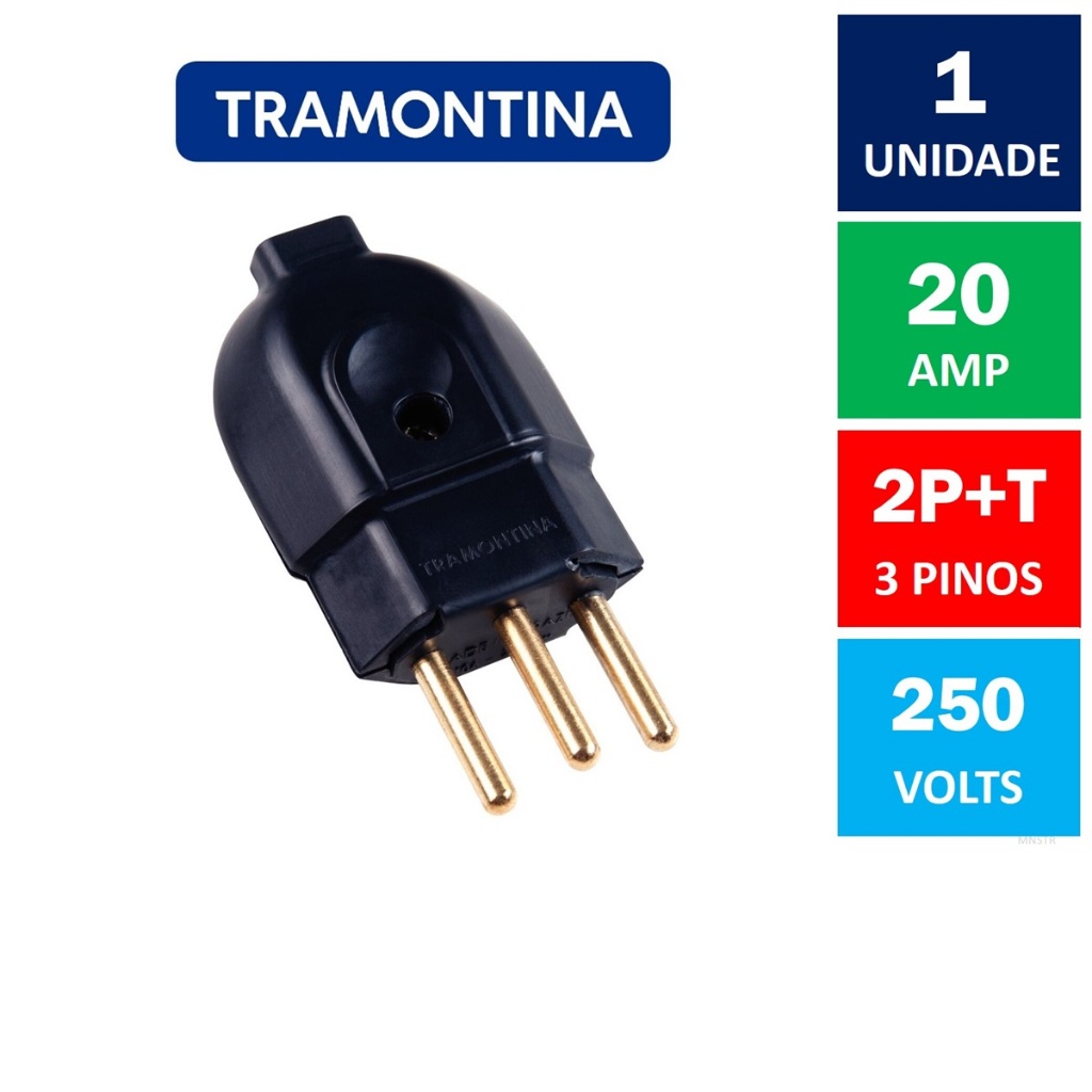 Plugue Macho 3 Pinos 20A 250V Preto Tramontina ( Tomada Macho 2P+T Tipo Grosso ) em Oferta na Shopee