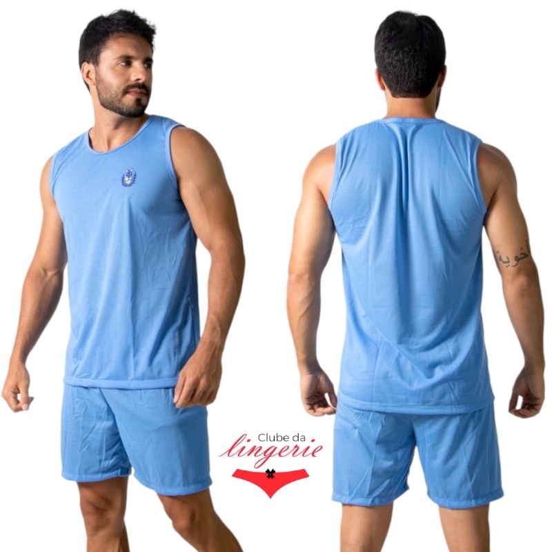 Pijama Masculino 072 Adulto Bermuda Com Regata Moderno E Aplicação De Bordado