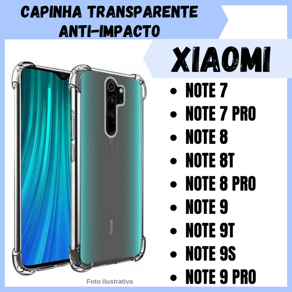 Capa Transparente Antiqueda Xiaomi Redmi Note 6 Pro / Note 7 / Note 7 Pro / Note 8 / Note 8T / Note 8 Pro / Note 9 / Note 9T / Note 9s / Note 9 Pro / Capa Anti impacto de Silicone (CF09)