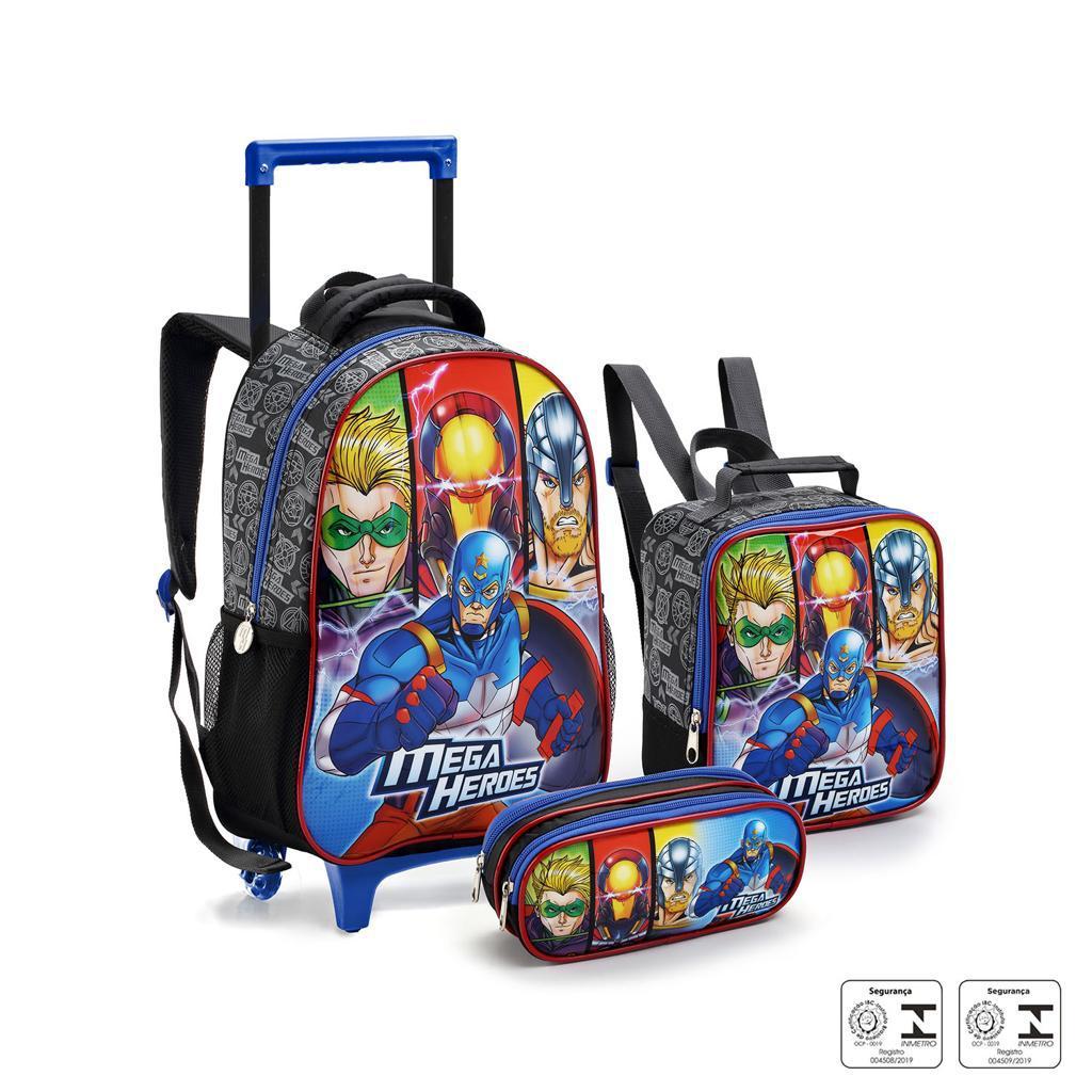 Kit Mochila Infantil Rodinhas Lanchera Estojo Mega Heroes menino 2024